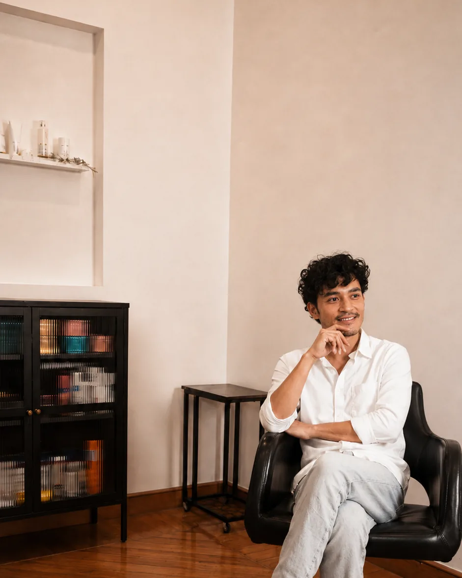 Axel De José sentado en el sillón de su estudio, con el mueble de tintes y el muro claro al fondo.
